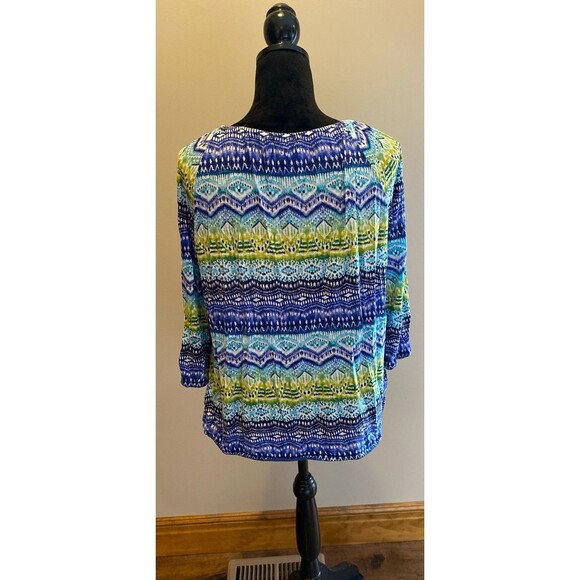 Jones New York Blouse Size XL Top Elastic Rounded Neckline Blues Green Design - Picture 5 of 9